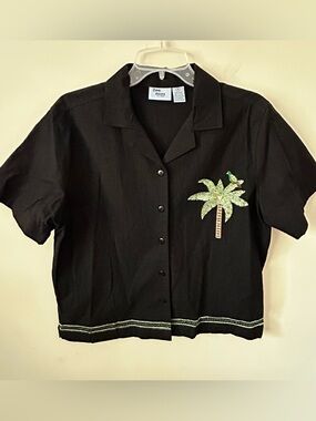 Vtg JANE ASHLEY Button Up Shirt Women's Size Medium Embroidered Sequins Tropical